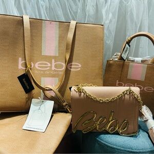 bebe Pink-Tan Tote and Gold-Accent Crossbody Set